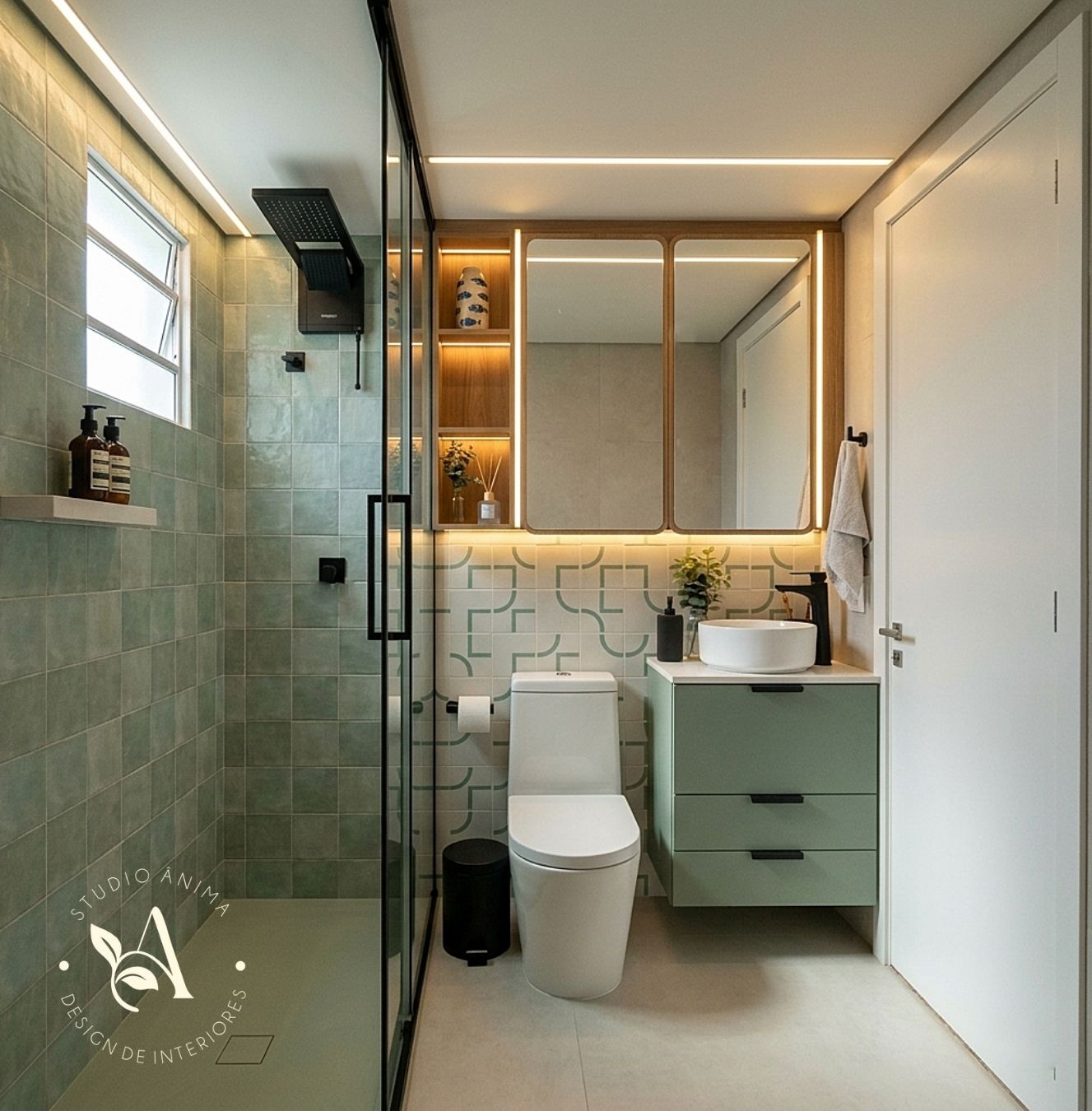 Banheiro com revestimento terrazzo e espelho em formato nuvem — Projeto E!C