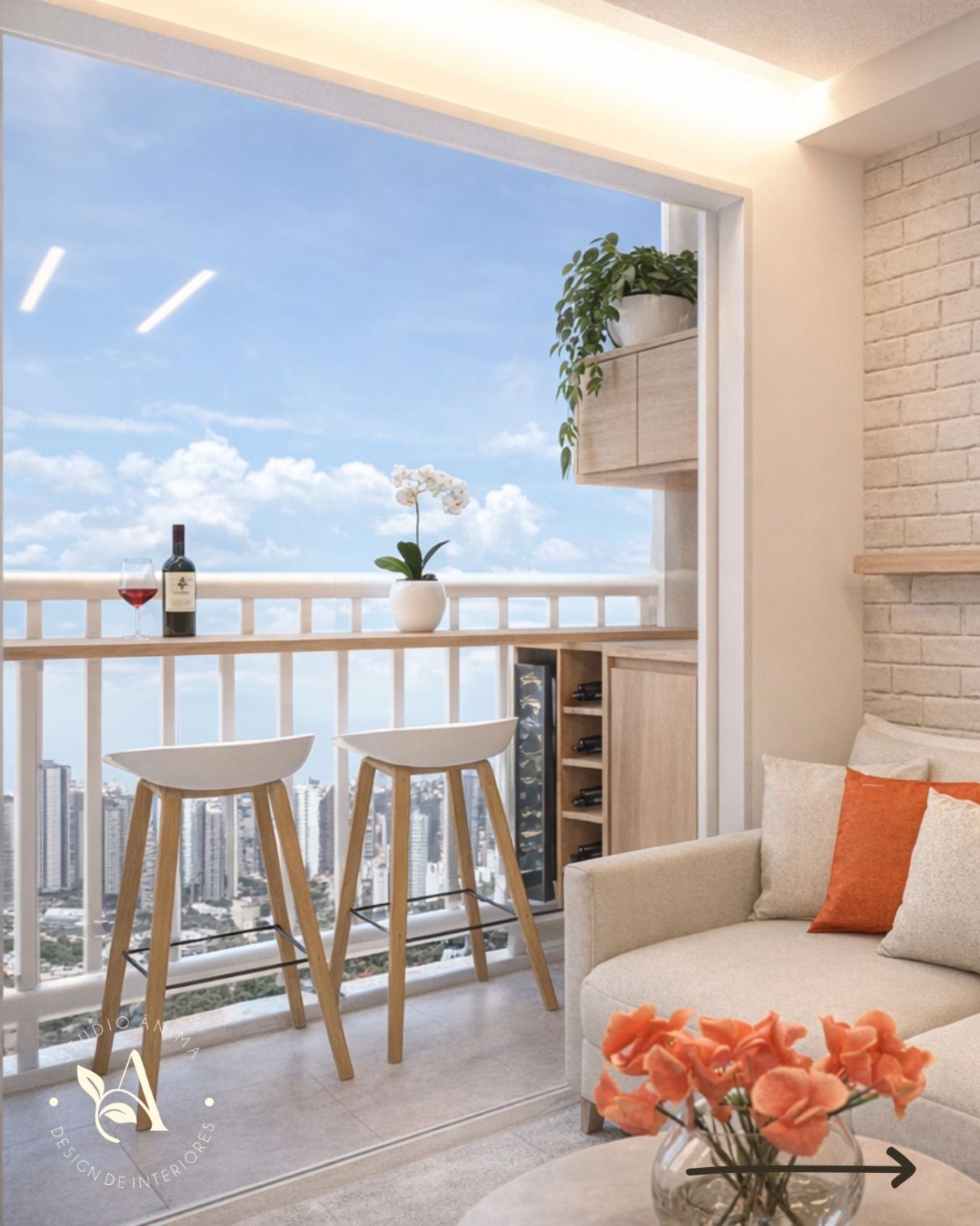 Living integrado com sofá branco e estantes de madeira — Projeto JB
